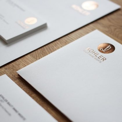 Heißfolienprägung Set Visitenkarten und Briefpapier goldbraun metallic